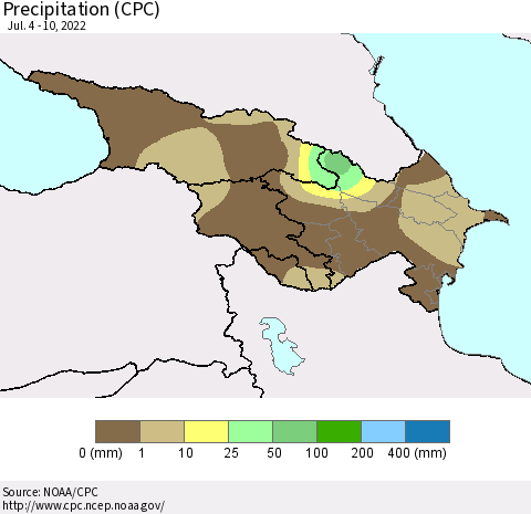 Azerbaijan, Armenia and Georgia Precipitation (CPC) Thematic Map For 7/4/2022 - 7/10/2022