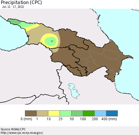 Azerbaijan, Armenia and Georgia Precipitation (CPC) Thematic Map For 7/11/2022 - 7/17/2022