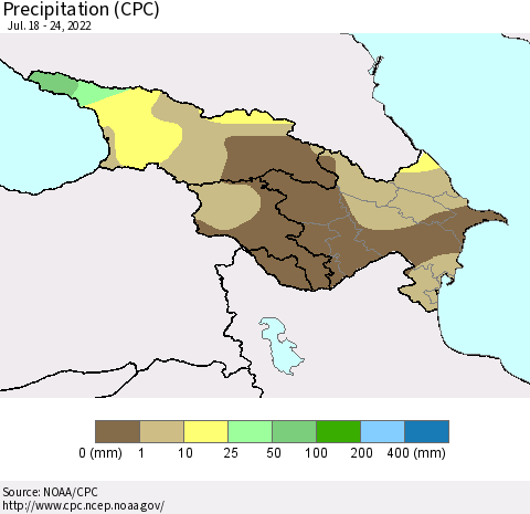 Azerbaijan, Armenia and Georgia Precipitation (CPC) Thematic Map For 7/18/2022 - 7/24/2022