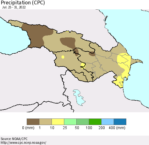 Azerbaijan, Armenia and Georgia Precipitation (CPC) Thematic Map For 7/25/2022 - 7/31/2022