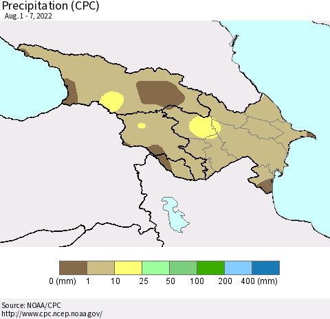 Azerbaijan, Armenia and Georgia Precipitation (CPC) Thematic Map For 8/1/2022 - 8/7/2022