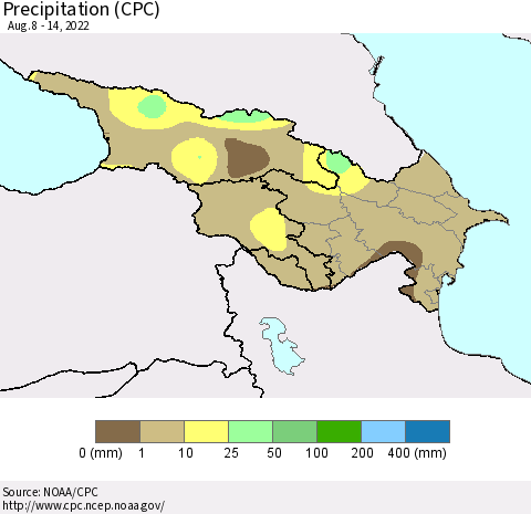 Azerbaijan, Armenia and Georgia Precipitation (CPC) Thematic Map For 8/8/2022 - 8/14/2022