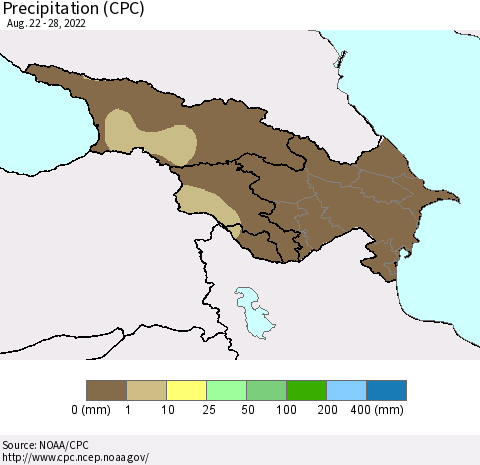 Azerbaijan, Armenia and Georgia Precipitation (CPC) Thematic Map For 8/22/2022 - 8/28/2022