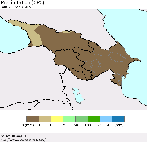Azerbaijan, Armenia and Georgia Precipitation (CPC) Thematic Map For 8/29/2022 - 9/4/2022