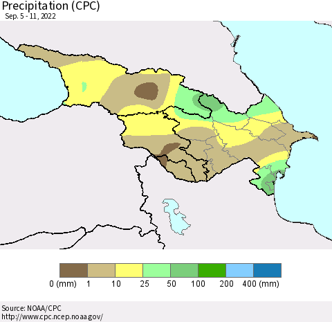 Azerbaijan, Armenia and Georgia Precipitation (CPC) Thematic Map For 9/5/2022 - 9/11/2022