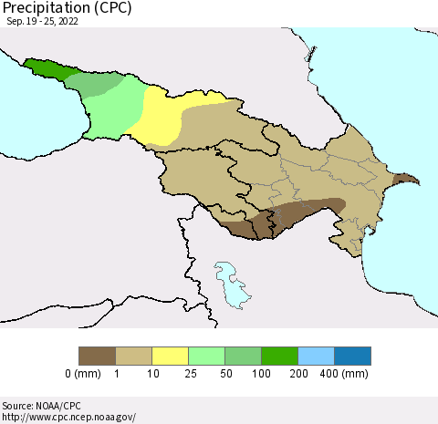 Azerbaijan, Armenia and Georgia Precipitation (CPC) Thematic Map For 9/19/2022 - 9/25/2022