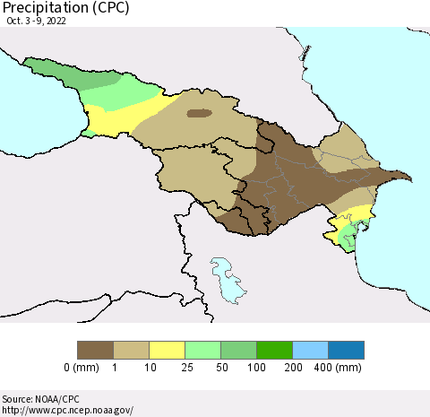 Azerbaijan, Armenia and Georgia Precipitation (CPC) Thematic Map For 10/3/2022 - 10/9/2022