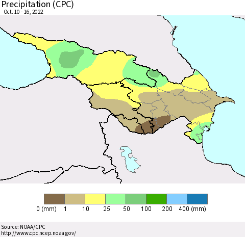 Azerbaijan, Armenia and Georgia Precipitation (CPC) Thematic Map For 10/10/2022 - 10/16/2022