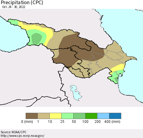 Azerbaijan, Armenia and Georgia Precipitation (CPC) Thematic Map For 10/24/2022 - 10/30/2022