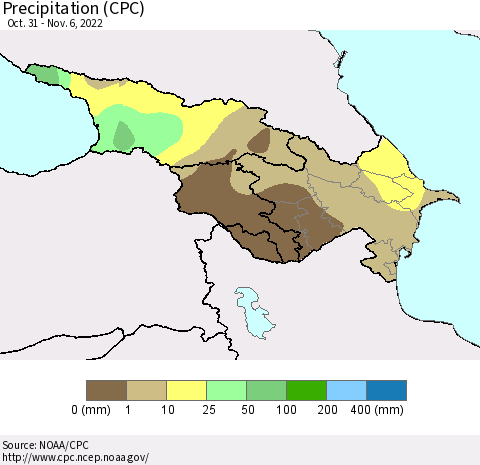 Azerbaijan, Armenia and Georgia Precipitation (CPC) Thematic Map For 10/31/2022 - 11/6/2022