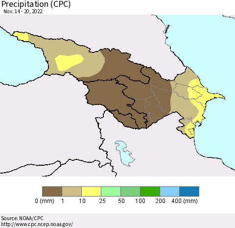 Azerbaijan, Armenia and Georgia Precipitation (CPC) Thematic Map For 11/14/2022 - 11/20/2022