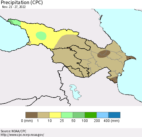 Azerbaijan, Armenia and Georgia Precipitation (CPC) Thematic Map For 11/21/2022 - 11/27/2022