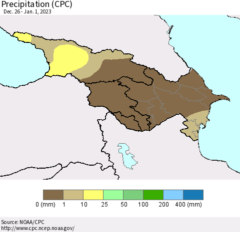 Azerbaijan, Armenia and Georgia Precipitation (CPC) Thematic Map For 12/26/2022 - 1/1/2023