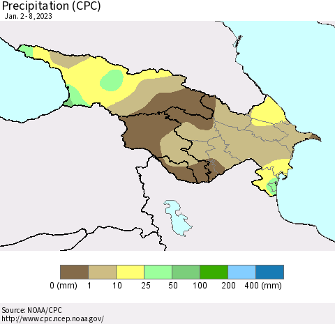 Azerbaijan, Armenia and Georgia Precipitation (CPC) Thematic Map For 1/2/2023 - 1/8/2023