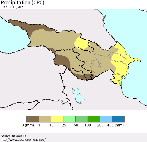 Azerbaijan, Armenia and Georgia Precipitation (CPC) Thematic Map For 1/9/2023 - 1/15/2023