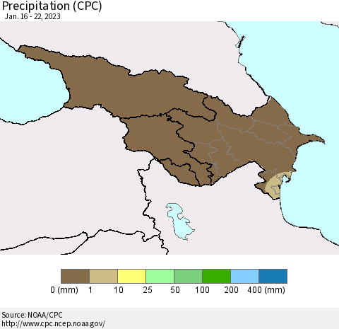 Azerbaijan, Armenia and Georgia Precipitation (CPC) Thematic Map For 1/16/2023 - 1/22/2023