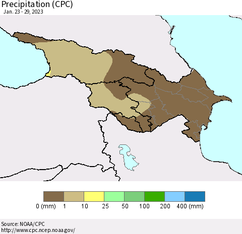 Azerbaijan, Armenia and Georgia Precipitation (CPC) Thematic Map For 1/23/2023 - 1/29/2023