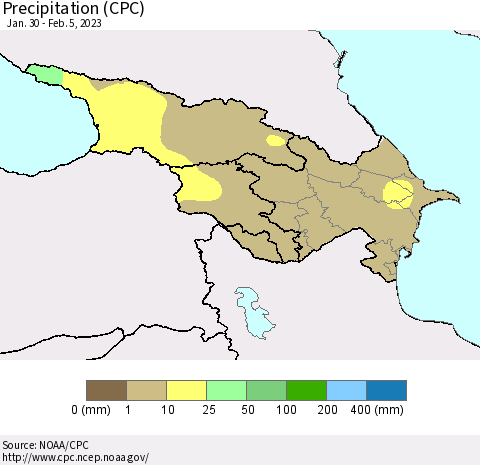 Azerbaijan, Armenia and Georgia Precipitation (CPC) Thematic Map For 1/30/2023 - 2/5/2023
