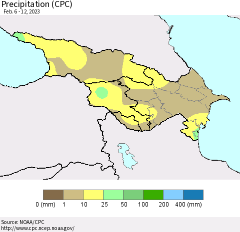 Azerbaijan, Armenia and Georgia Precipitation (CPC) Thematic Map For 2/6/2023 - 2/12/2023