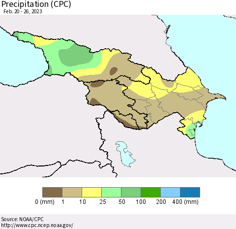 Azerbaijan, Armenia and Georgia Precipitation (CPC) Thematic Map For 2/20/2023 - 2/26/2023
