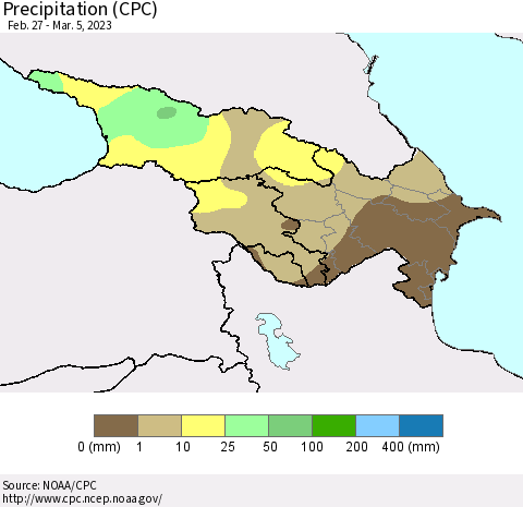 Azerbaijan, Armenia and Georgia Precipitation (CPC) Thematic Map For 2/27/2023 - 3/5/2023