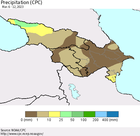 Azerbaijan, Armenia and Georgia Precipitation (CPC) Thematic Map For 3/6/2023 - 3/12/2023