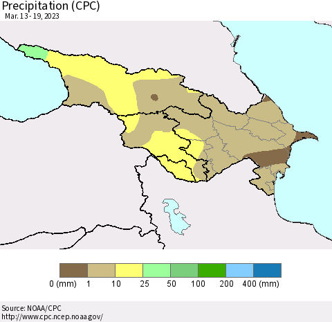 Azerbaijan, Armenia and Georgia Precipitation (CPC) Thematic Map For 3/13/2023 - 3/19/2023