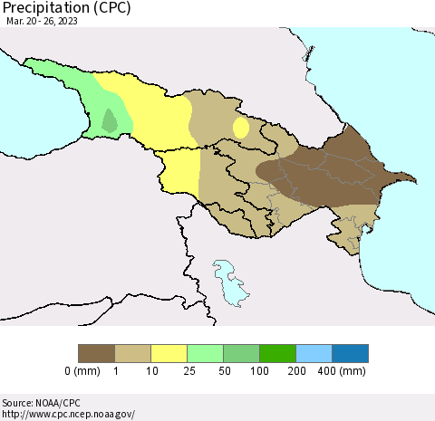 Azerbaijan, Armenia and Georgia Precipitation (CPC) Thematic Map For 3/20/2023 - 3/26/2023