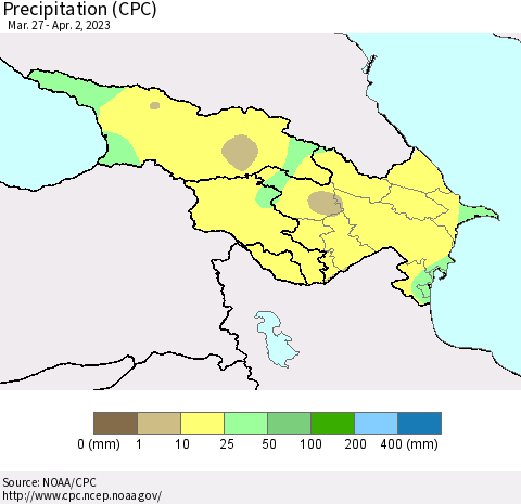 Azerbaijan, Armenia and Georgia Precipitation (CPC) Thematic Map For 3/27/2023 - 4/2/2023