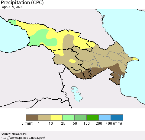Azerbaijan, Armenia and Georgia Precipitation (CPC) Thematic Map For 4/3/2023 - 4/9/2023