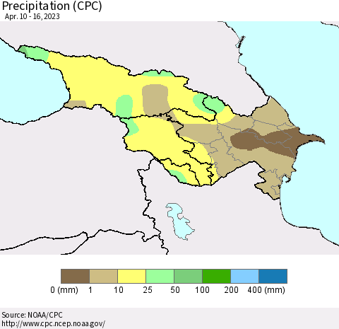 Azerbaijan, Armenia and Georgia Precipitation (CPC) Thematic Map For 4/10/2023 - 4/16/2023