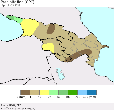 Azerbaijan, Armenia and Georgia Precipitation (CPC) Thematic Map For 4/17/2023 - 4/23/2023