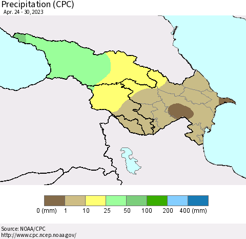 Azerbaijan, Armenia and Georgia Precipitation (CPC) Thematic Map For 4/24/2023 - 4/30/2023