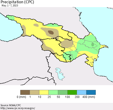 Azerbaijan, Armenia and Georgia Precipitation (CPC) Thematic Map For 5/1/2023 - 5/7/2023