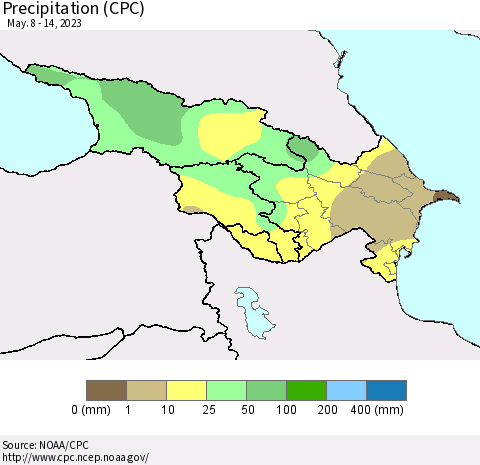 Azerbaijan, Armenia and Georgia Precipitation (CPC) Thematic Map For 5/8/2023 - 5/14/2023