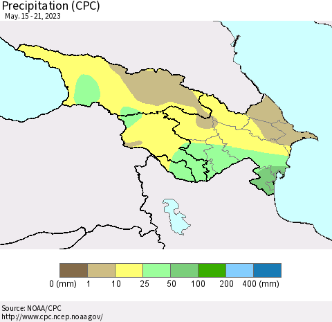 Azerbaijan, Armenia and Georgia Precipitation (CPC) Thematic Map For 5/15/2023 - 5/21/2023
