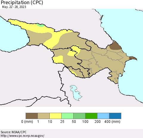 Azerbaijan, Armenia and Georgia Precipitation (CPC) Thematic Map For 5/22/2023 - 5/28/2023