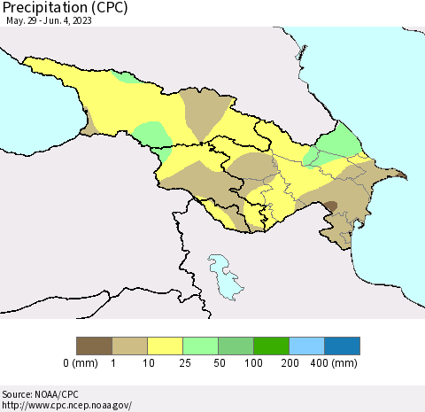 Azerbaijan, Armenia and Georgia Precipitation (CPC) Thematic Map For 5/29/2023 - 6/4/2023
