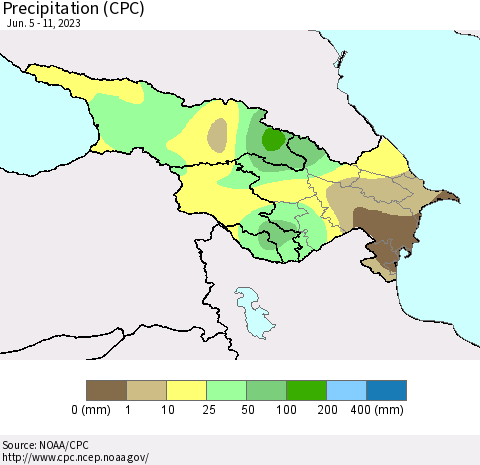 Azerbaijan, Armenia and Georgia Precipitation (CPC) Thematic Map For 6/5/2023 - 6/11/2023