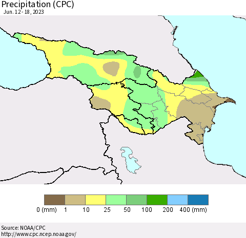 Azerbaijan, Armenia and Georgia Precipitation (CPC) Thematic Map For 6/12/2023 - 6/18/2023