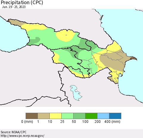 Azerbaijan, Armenia and Georgia Precipitation (CPC) Thematic Map For 6/19/2023 - 6/25/2023