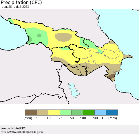 Azerbaijan, Armenia and Georgia Precipitation (CPC) Thematic Map For 6/26/2023 - 7/2/2023