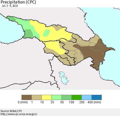 Azerbaijan, Armenia and Georgia Precipitation (CPC) Thematic Map For 7/3/2023 - 7/9/2023