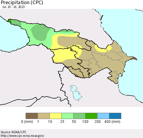 Azerbaijan, Armenia and Georgia Precipitation (CPC) Thematic Map For 7/10/2023 - 7/16/2023