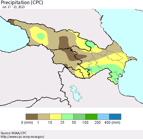 Azerbaijan, Armenia and Georgia Precipitation (CPC) Thematic Map For 7/17/2023 - 7/23/2023