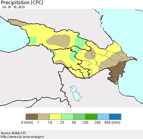 Azerbaijan, Armenia and Georgia Precipitation (CPC) Thematic Map For 7/24/2023 - 7/30/2023