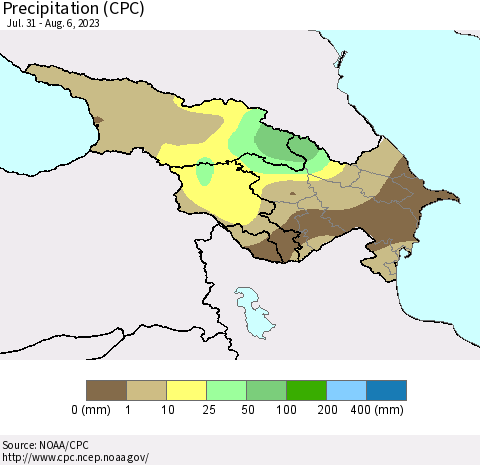 Azerbaijan, Armenia and Georgia Precipitation (CPC) Thematic Map For 7/31/2023 - 8/6/2023