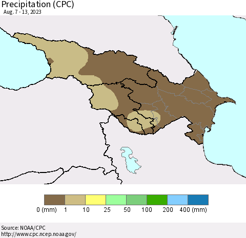 Azerbaijan, Armenia and Georgia Precipitation (CPC) Thematic Map For 8/7/2023 - 8/13/2023