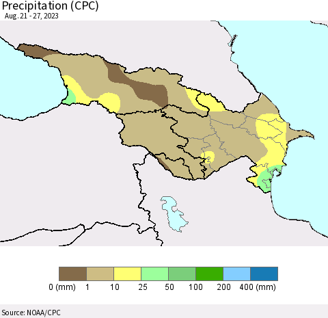 Azerbaijan, Armenia and Georgia Precipitation (CPC) Thematic Map For 8/21/2023 - 8/27/2023