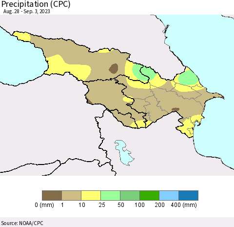 Azerbaijan, Armenia and Georgia Precipitation (CPC) Thematic Map For 8/28/2023 - 9/3/2023